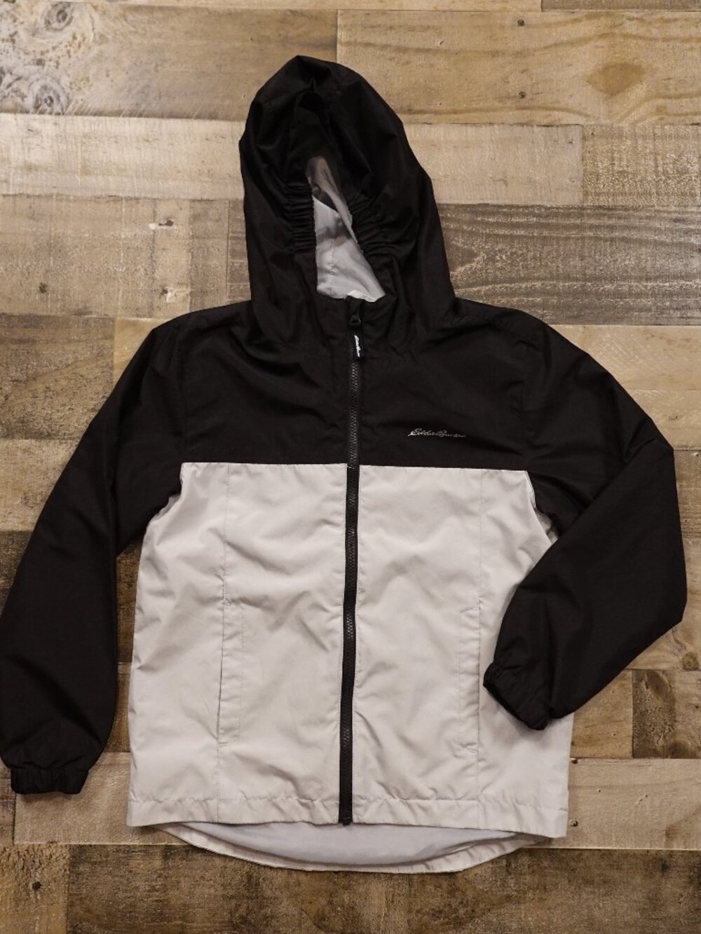 Eddie Bauer Hooded Rain Jacket Kids Medium 10/12 Black Gray Lightweight‎